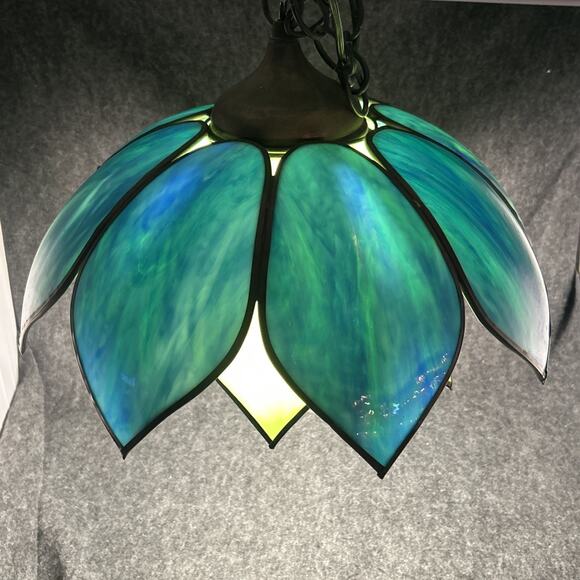 Vintage 1970s Stained Glass Chandelier Two Tier Slag Glass Hanging Lotus Flower - Picture 6 of 16